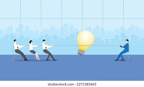 Business idea competition concept. Boss vs employee. Businessmen pull a rope for a big light bulb in a meeting. Conflict, brainstorm, work hard, competing, contest and fight over in office workplace.