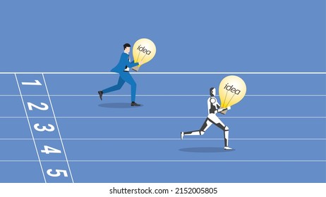 Business idea competition, contest,  rivalry with cyber technology concept. A leader robot and a businessman with a light bulb are competing for victory. Human versus cyborg run on a racetrack. 