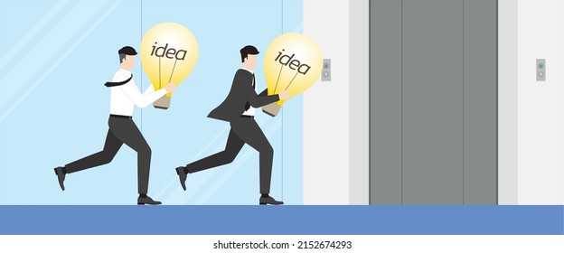 Business idea competition, contest,  rivalry concept. A manager businessman and employee run to elevator with a light bulb as solution to problem-solving. Herry up lifestyle in occupation performance.