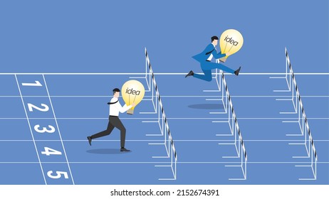 Business idea competition, contest,  rivalry, compare performance concept. A leader businessman with a light bulb and employee are compete run on a race track and jump overcome obstacles for victory.