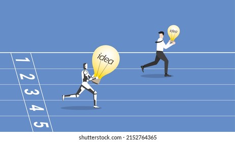 Business idea competition, contest,  rivalry with cyber technology concept. A leader businessman and a robot with a bigger light bulb are competing opponents. Human versus cyborg run on a racetrack. 