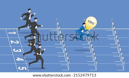 Business idea competition, contest,  rivalry, compare performance concept. A leader businessman with a light bulb and opponents are compete run on a race track and jump overcome obstacles for victory.