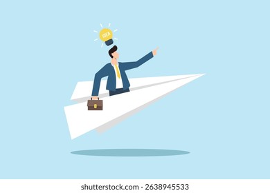 Business idea concept. Businessman Riding Paper Airplane with Light Bulb Idea Overhead in Flat Design Concept for Innovation and Creativity.
