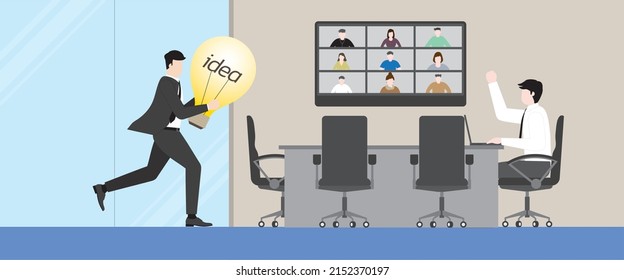 Business idea concept. A businessman running to an office meeting room with a light bulb as solution to problem-solving for online conference. Hurry up in the rush hour for performance in occupation.