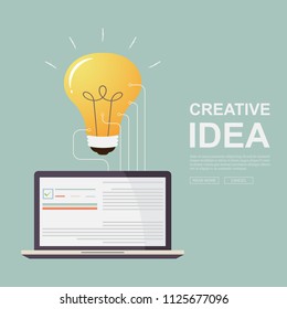 Business idea concept. Creativity finds in Internet communication technology. Laptop with connected light bulbs. Vector illustration.