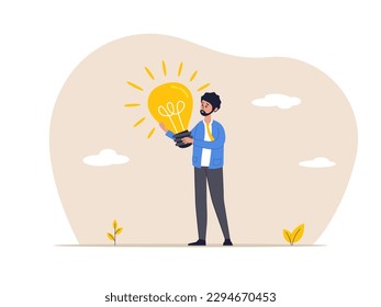 Business idea concept. Employee with lightbulb. Innovation idea to drive team success, business innovative solution. business man carries the big innovative idea of the smart bulb. Flat illustration.