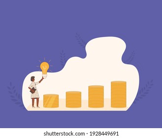 Business idea concept. Financial goal. Woman with bulb and coins stacks. Line art flat vector illustration. 