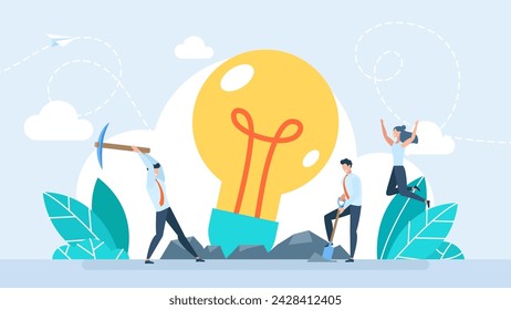 Business idea concept. Flat tiny businessman character dig success light bulb with pickaxe. Concept of brainstorming and creating. Man digging with a shovel to find an idea. Vector illustration.