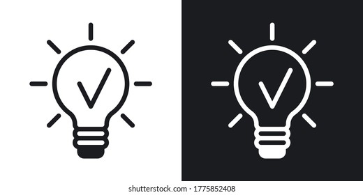 Icono de concepto de idea de negocio. Bombilla de luz con una marca de verificación dentro. Ilustración vectorial simple de dos tonos sobre fondo blanco y negro