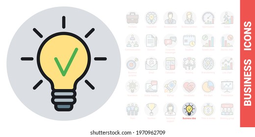Business idea concept icon. Light bulb with a checkmark inside. Simple color version from a series of business icons