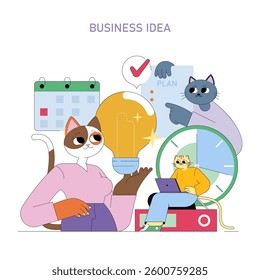 Business idea concept. Illustrates a creative workspace where characters brainstorm innovative strategies. Emphasizes planning, time management, and collaboration. Perfect for entrepreneurs looking