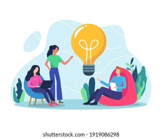 Business idea concept illustration. Bring ideas together, Teamwork and startup concept. Business team working together brainstorming discussing ideas for project. Vector in a flat style