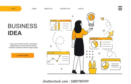 Business idea concept illustrations. Young beautiful girl creates an idea. Will be perfect as a landing page. Businesswoman invents a solution. Landing page for web. Flat illustration.