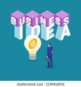 Business idea concept. Image of a light bulb and a businessman. Highly detailed vector illustration of isometric objects