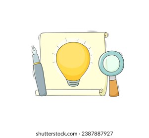 Business idea concept with light bulb. Vector illustration of creative work, brainstorm, innovation solution with hand drawn doodle yellow lamp, paper and pen