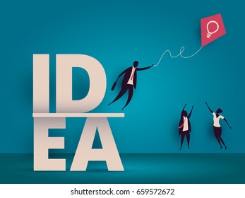 Business idea concept. Managers struggling for kite with lightbulb as metaphor for innovation or startup. Conceptual vector illustration for solution or challenge. Corporate employees competition.