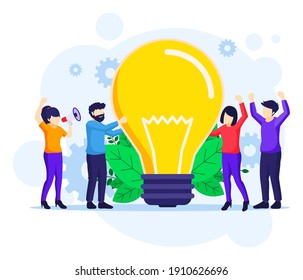 Business Idea concept, People holding a giant light bulb having ideas flat vector illustration