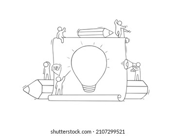 Business idea concept with people and light bulb, pencils. Vector illustration of creative work, brainstorm in team and innovation solution with hand drawn doodle men, yellow lamp, paper and pencil