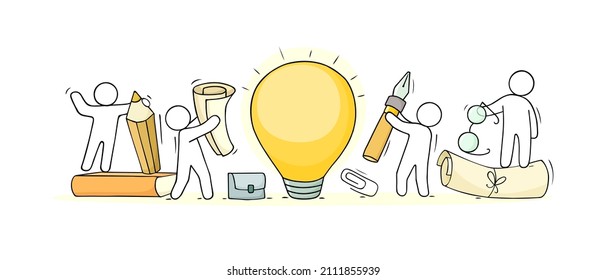 Business idea concept with people and light bulb. Vector illustration of creative work, brainstorm in team and innovation solution with hand drawn men, paper, yellow lamp, briefcase and pen