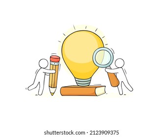 Business idea concept with people and light bulb. Vector illustration of creative work, brainstorm in team and innovation solution with hand drawn doodle men, yellow lamp, magnifying glass and pencil