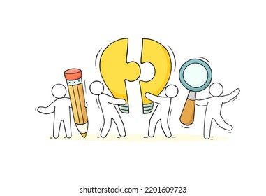 Business idea concept with people and light bulb. Vector illustration of creative work, brainstorm in team and innovation solution with hand drawn doodle men, yellow lamp, magnifying glass and pencil