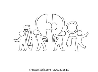 Business idea concept with people and light bulb. Vector illustration of creative work, brainstorm in team and innovation solution with hand drawn doodle men, yellow lamp, magnifying glass and pencil