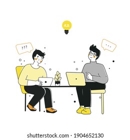 Concepto de idea de negocio. Ilustración de dibujos animados de diseño gráfico plano vectorial. Diseño de iconos planos, con empleados de ideas de negocio.