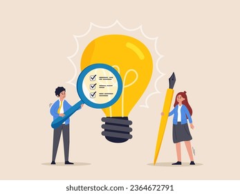 Concepto de idea de negocio. Verificación de viabilidad, estudio de factibilidad por investigación de mercado para ver la posibilidad de éxito en el mundo real, evaluar rentable, empresario con amplificador analizar idea de bombilla.