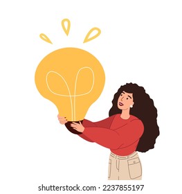 Business idea concept.Smilling Employee with lightbulb.Creative woman finding solution,answer at work with light bulb.Happy manager and innovation.Flat vector illustration isolated on white background