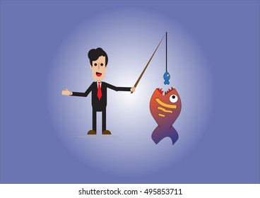 Business Idea concept,The business man use a small fish to bait a big fish,the business man using a bait to trap someone to get a big money/value by use a small money