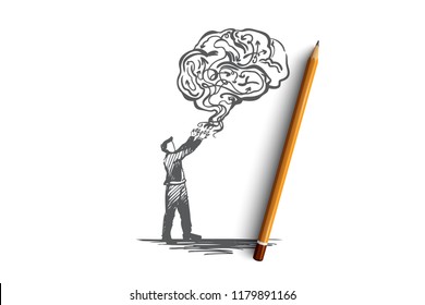 Business idea, creative, brainstorming, solution, creativity concept. Hand drawn man and cloud in shape of brain concept sketch. Isolated vector illustration.