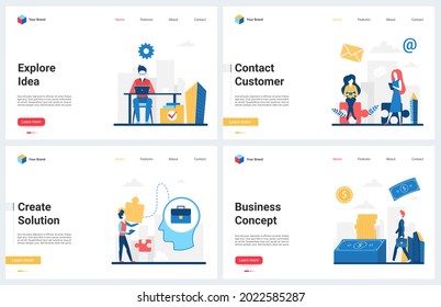 Idea comercial, proyecto creativo, ilustración vectorial de la tecnología de soluciones financieras. Caricatura: página de inicio del concepto de negocio moderno con soporte de contacto para clientes en línea, innovación y asociación