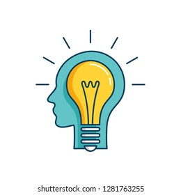 Business idea or creative solution symbol - lightbulb inside human head profile - vector icon, logo or  graphic decoration element