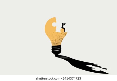 Business idea, creativity concept, businessman searching for jigsaw puzzle to complete light bulb, vector illustration. 