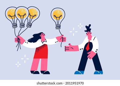 Business idea, creativity and innovation concept. Business woman standing giving lightbulb idea to young employee feeling positive vector illustration