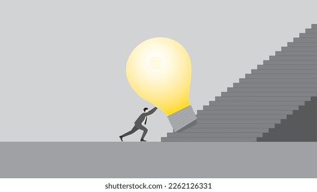 Business idea, creativity, innovation, creation, inspiration, imagination, and thinking concept. A businessman pushes the big light bulb, Steps up a stair as the business solution, and problem-solves.