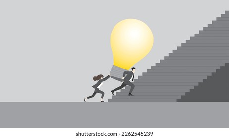 Business idea, creativity, innovation, creation, inspiration, imagination, and thinking concept. A businessman and businesswoman push the big light bulb, Step up a stair as a team business solution.