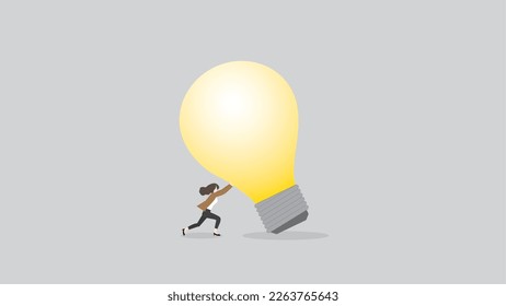 Business idea, creativity, innovation, creation, inspiration, imagination, and thinking concept. A businesswoman pushes the big light bulb. the business solution, problem-solving from work problem.