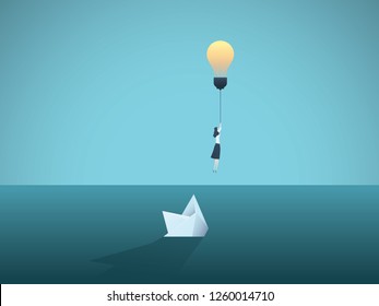 Business idea and creativity vector concept with businesswoman flying away from sinking paper boat. Symbol innovation, great ideas, creative thinking and finding solutions. Eps10 vector illustratio