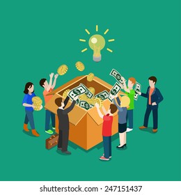 Business idea crowdfunding volunteer concept flat 3d web isometric infographic vector. Group of people putting money to box. Crowd funding process illustration. Creative people collection.