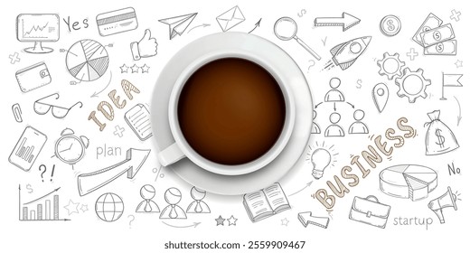 Business idea. A cup of coffee. Startup concept. Goal achievement. Vector illustration .
