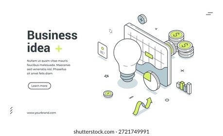 Business idea desenvolvimento criatividade brainstorming isométrica web banner design modelo vetor ilustração. Estratégia de oportunidade de planejamento de projeto de inovação analisando a otimização de marketing