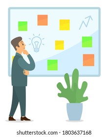 Business idea development, generation of innovation concept. Man thinking about promotion, brainstorming. Office worker near presentation poster with idea bulb. Business and motivation banner