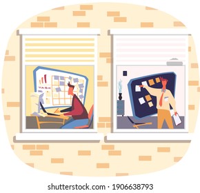 Business idea development, generation of innovation concept. Man thinking about promotion, brainstorming. Office worker near presentation board view through window. Business and motivation banner