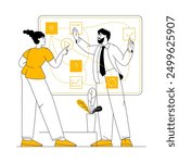 Business idea development. Project startup vector illustration. Workshop business discussion, meeting or brainstorm new idea with virtual screen.