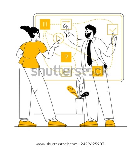 Business idea development. Project startup vector illustration. Workshop business discussion, meeting or brainstorm new idea with virtual screen.