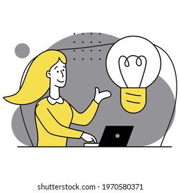 Business idea development. Startup. Digital Solutions Business Analytics and Planning. Business Marketing illustration. Businesswoman taking part in business activities. Modern Flat Trendy vector 