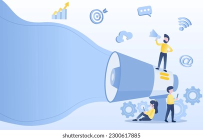 Business idea. Digital marketing satisfaction strategy use online channel to attract customer. Analyze market trends and customer behavior, identify goals. Vector illustration with copy space.
