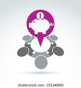 Business idea discussion concept, chat on economics and investment theme. Speech bubble with a pink piggy bank sign, personal savings icon.