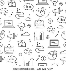 Business idea doodle seamless pattern background. Business success, creative idea concept doodle drawn sketch style pattern with lightbulb, megaphone, calendar element. Vector illustration - Powered by Shutterstock - Get 15% off with code: PIKWIZARD15